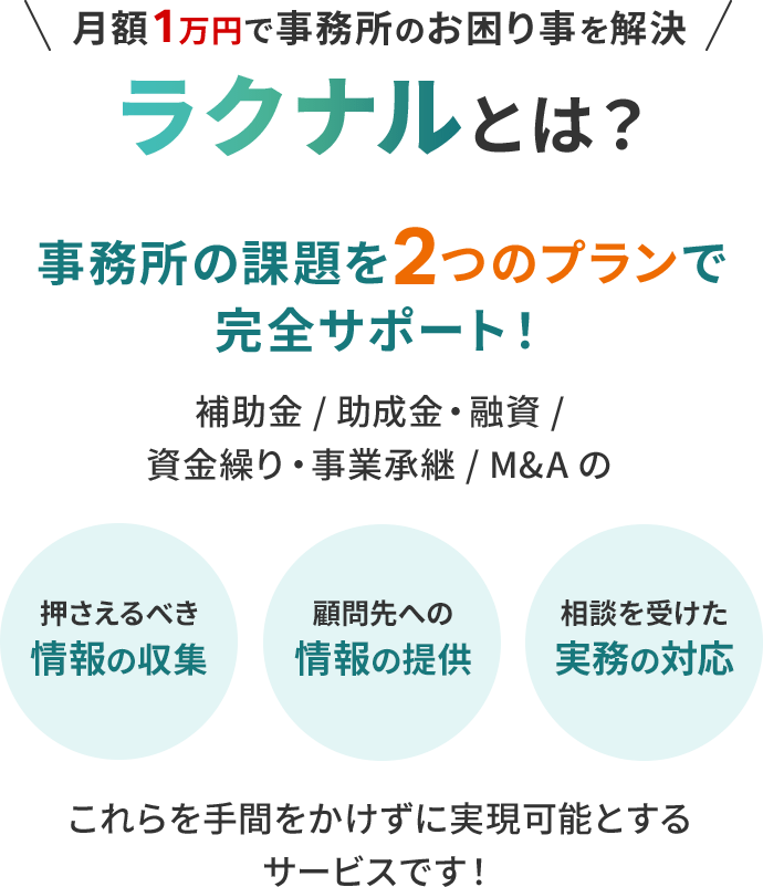 事務所のお困り事をピンポイントで解決 ラクナルとは？事務所の課題を2つのプランで完全サポート！